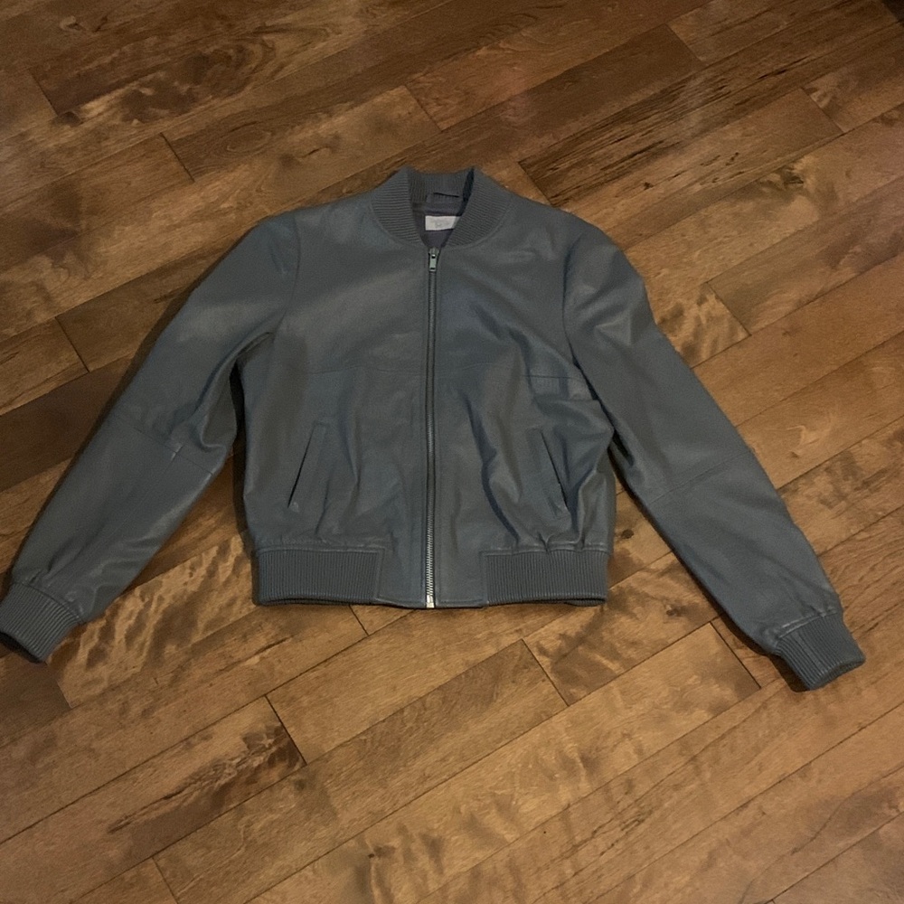 Grey Leather Shell Bomber Jacket